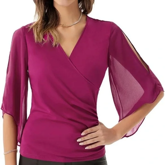 NWT GRACE KARIN Berry Pink Faux Wrap Blouse with Chiffon Split Sleeves M - Picture 2 of 12